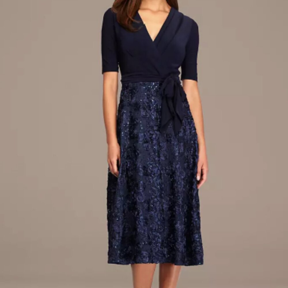 Alex Evenings Blue Tea-Length Soutache Dress with Tie Belt